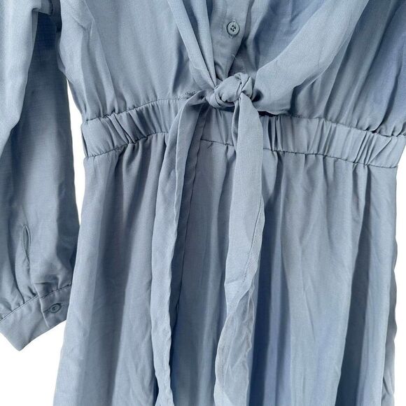 Blue Maxi Shirt Dress Long Sleeve Collared Button Up Knot Tie M Shein Prairie - Picture 5 of 9
